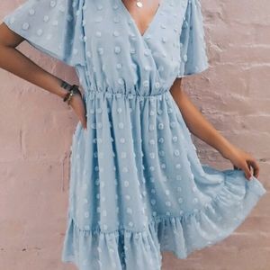 Pale Blue Eyelet Lace Panel Swiss Dot Mini Dress